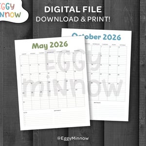 May include: Two printable calendar pages for May and October 2026 are displayed. The May calendar has green text, and the October calendar has blue text. The top of the image reads "DIGITAL FILE DOWNLOAD & PRINT!" and the bottom reads "@EggyMinnow".