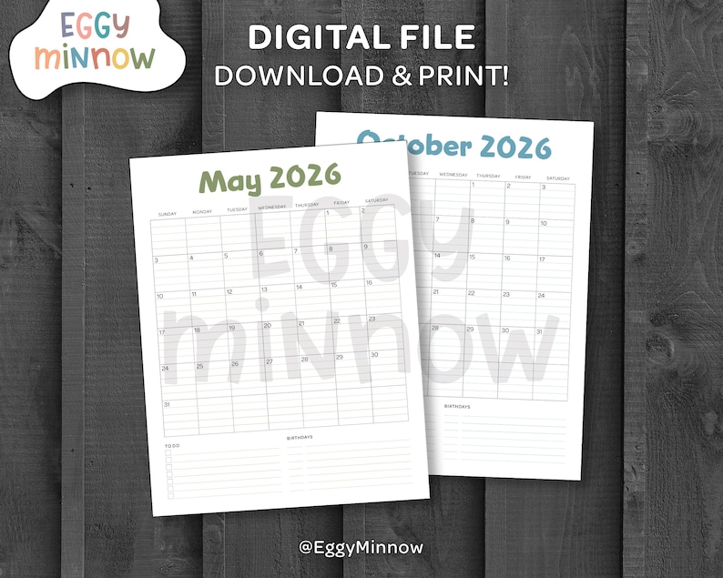 May include: Two printable calendar pages for May and October 2026 are displayed. The May calendar has green text, and the October calendar has blue text. The top of the image reads "DIGITAL FILE DOWNLOAD & PRINT!" and the bottom reads "@EggyMinnow".