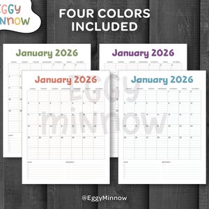May include: Four white 2026 January calendars in different colors: green, purple, orange, and blue. The calendars have a simple layout with days of the week and space for notes. The text "FOUR COLORS INCLUDED" is at the top.