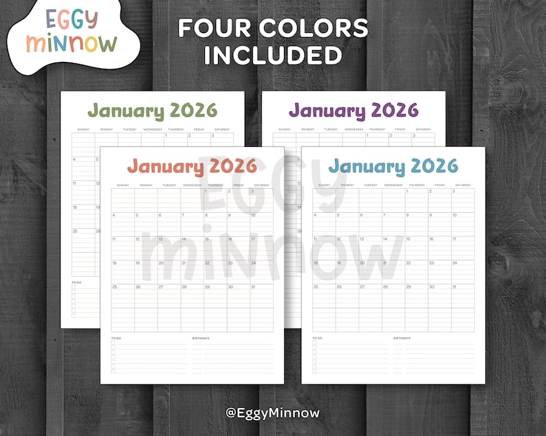 May include: Four white 2026 January calendars in different colors: green, purple, orange, and blue. The calendars have a simple layout with days of the week and space for notes. The text "FOUR COLORS INCLUDED" is at the top.