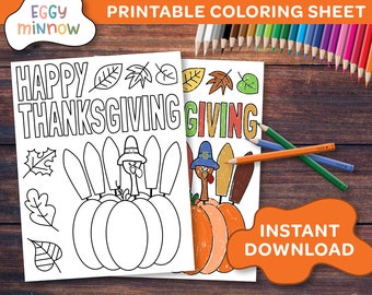 Happy Thanksgiving Coloring Sheet | Printable Coloring Page for Kids and Adults | Turkey Pumpkin | Placemat Dinner Classroom Table Activity