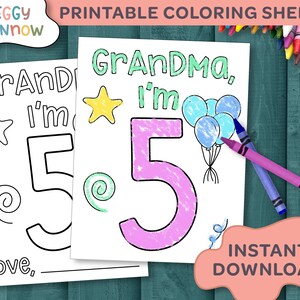 Grand-mère j'ai 5 ans | Feuilles à colorier 5e anniversaire pour grand-mère | Coloriage enfant en bas âge imprimable | Cadeau de grand-mère