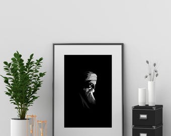 Shri Guru Nanak Dev Ji Wall Art | Black & White Sikh Canvas Print | Spiritual Home Decor | Fine Art Photography