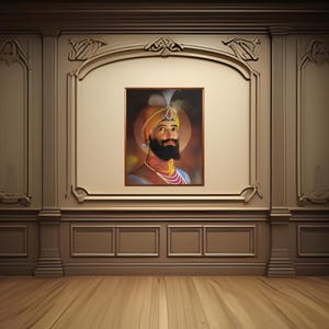 May include: A framed portrait of a man with a beard and turban, wearing a gold and blue robe. The portrait is set against a brown wall with ornate molding.