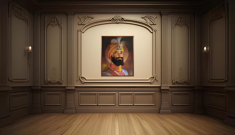 May include: A framed portrait of a man with a beard and turban, wearing a gold and blue robe. The portrait is set against a brown wall with ornate molding.