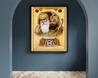 Divine Unity Art Print | Guru Gobind Singh Ji, Guru Nanak Dev Ji & Guru Granth Sahib Ji | Sikh Spiritual Wall Decor | Canvas or Photo