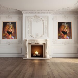 May include: Two framed portraits of men with beards and turbans, hanging on a white wall with ornate molding. A fireplace with a lit fire is in the center of the image.