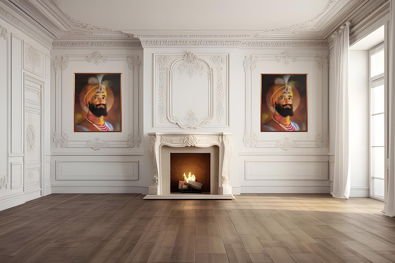 May include: Two framed portraits of men with beards and turbans, hanging on a white wall with ornate molding. A fireplace with a lit fire is in the center of the image.