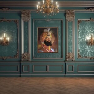 May include: A portrait of a man with a beard and turban, wearing a yellow and gold robe, set against a teal green background. The portrait is framed in a gold frame and hangs on a wall with ornate gold trim.