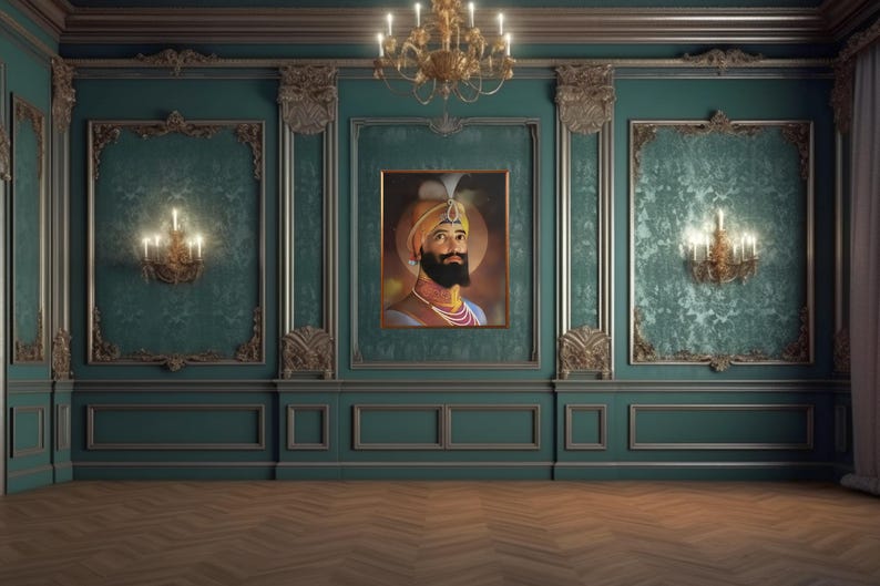 May include: A portrait of a man with a beard and turban, wearing a yellow and gold robe, set against a teal green background. The portrait is framed in a gold frame and hangs on a wall with ornate gold trim.