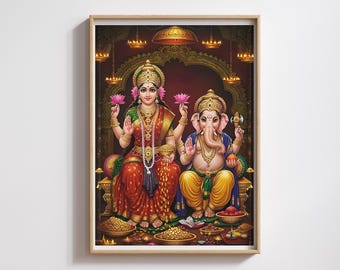 Shri Ganesh Ji & Lakshmi Mata Wall Art | Ganpati Laxmi Poster | Hindu God Canvas | Prosperity  Wealth Spiritual Decor
