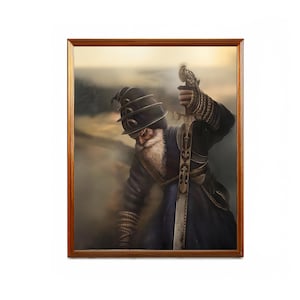May include: A framed painting of a man in a dark blue robe and a black turban holding a sword. The man has a long white beard and is looking down at the sword. The background is a blurry landscape.
