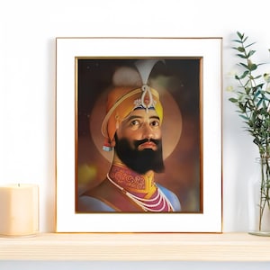 May include: A framed portrait of a man with a long beard and a turban. He is wearing a yellow and orange turban with a white feather. The background is a dark brown with a light halo around his head.