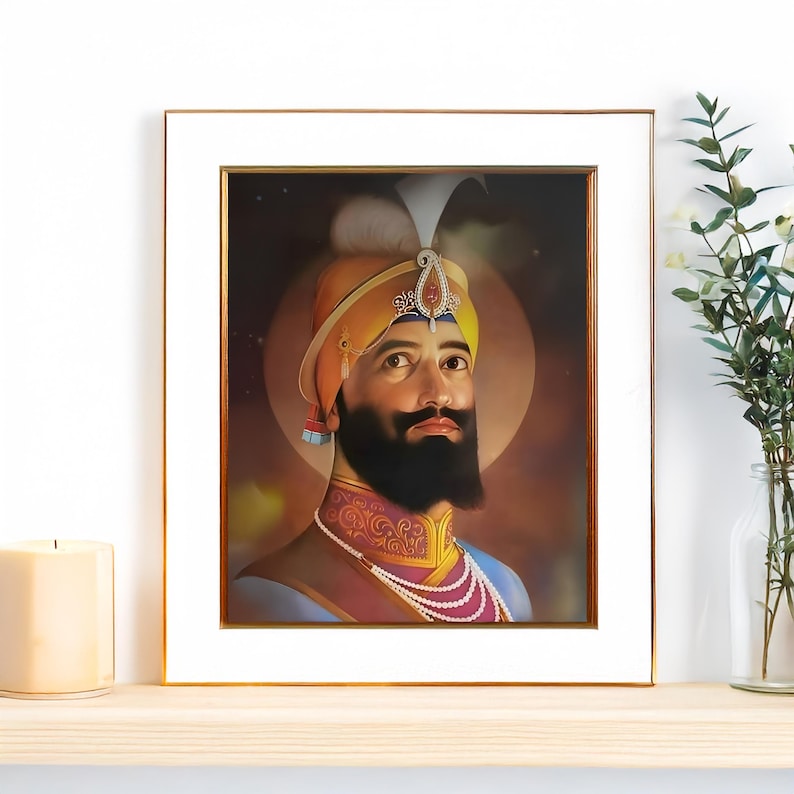 May include: A framed portrait of a man with a long beard and a turban. He is wearing a yellow and orange turban with a white feather. The background is a dark brown with a light halo around his head.
