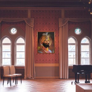 May include: A portrait of a man with a beard and turban, wearing a yellow and gold robe, hangs on a wall in a room with large windows and a grand piano.