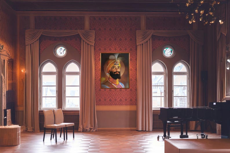 May include: A portrait of a man with a beard and turban, wearing a yellow and gold robe, hangs on a wall in a room with large windows and a grand piano.