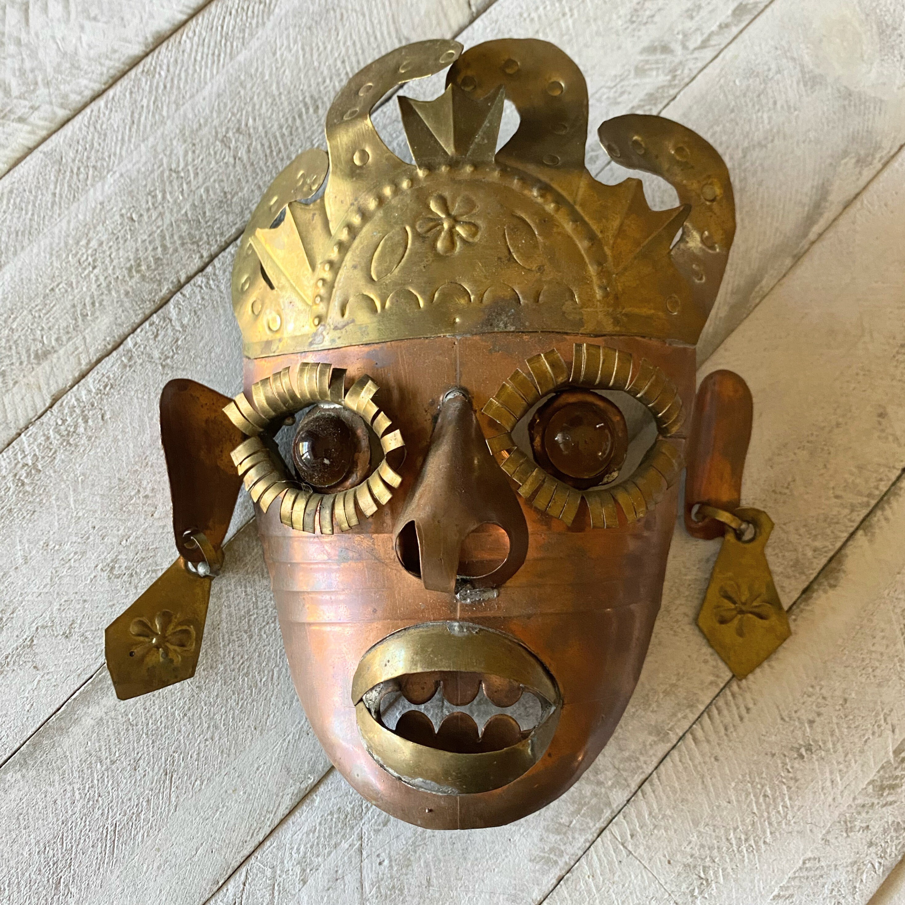 Vintage Mexican Metal Mask Walk Art Brass Copper Tones Glass Etsy