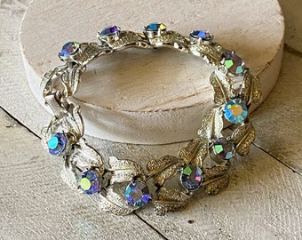 Vintage Coro AB Rhinestone Bracelet Silver Tone Leaves Peacock Color Stones