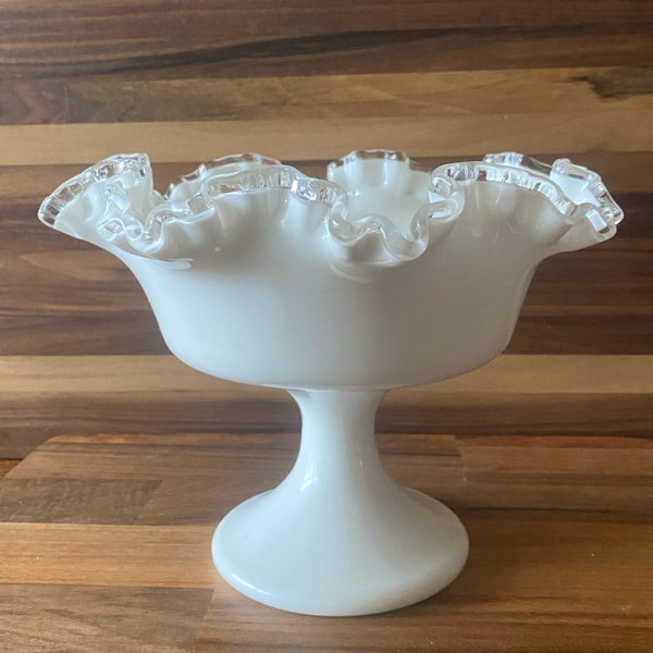 VTG Fenton Milk Glass Ruffled Compote Pedestal Bowl Footed Candy Dish