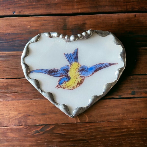 Broken China Heart Bird Pendant Brooch Porcelain Silver Tone Handcrafted