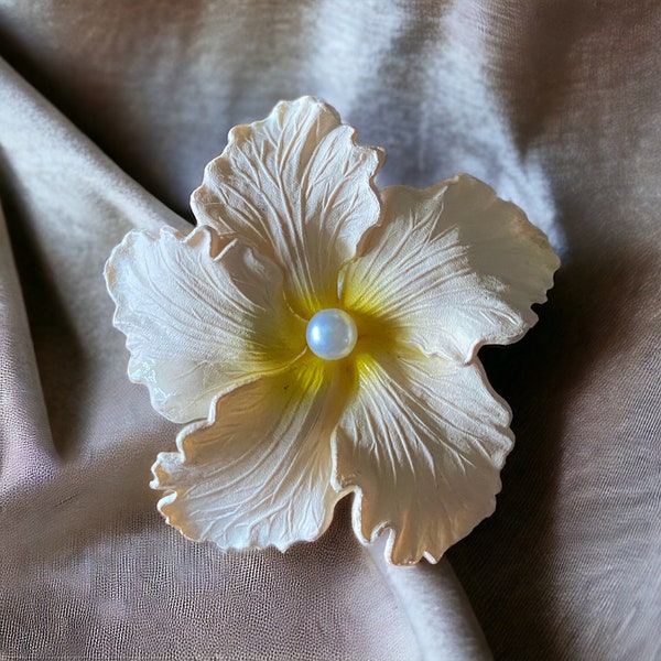 VTG 1940s Celluloid Hibiscus Flower Brooch Pin Yellow w Faux Pearl West Germany