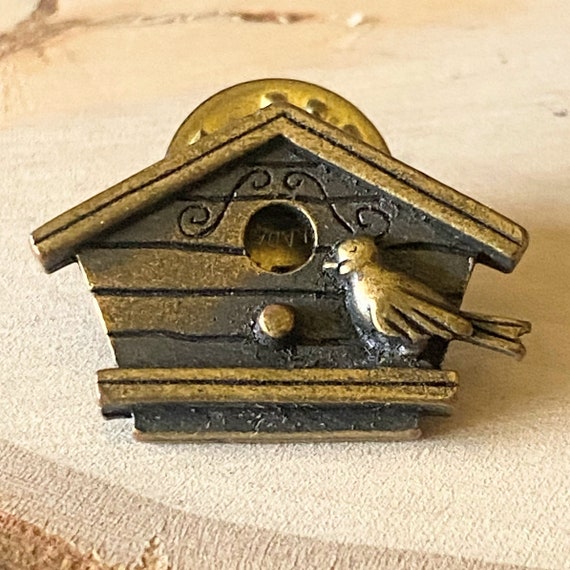 Vintage JJ Bird House Pin Tiny Brooch Gold Tone J… - image 2