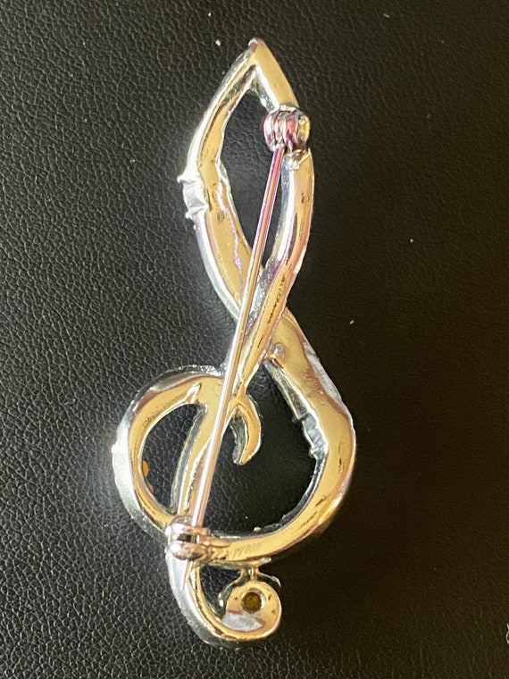Vintage Crystal Musical Clef Brooch Pin Clear Rhi… - image 2