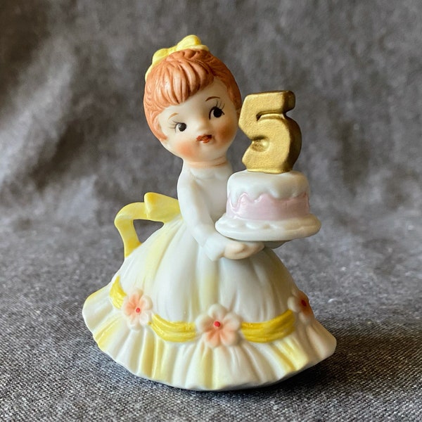 Lefton China 5th Birthday Girl Hand Painted Brunette Child Yellow Dress Vintage
