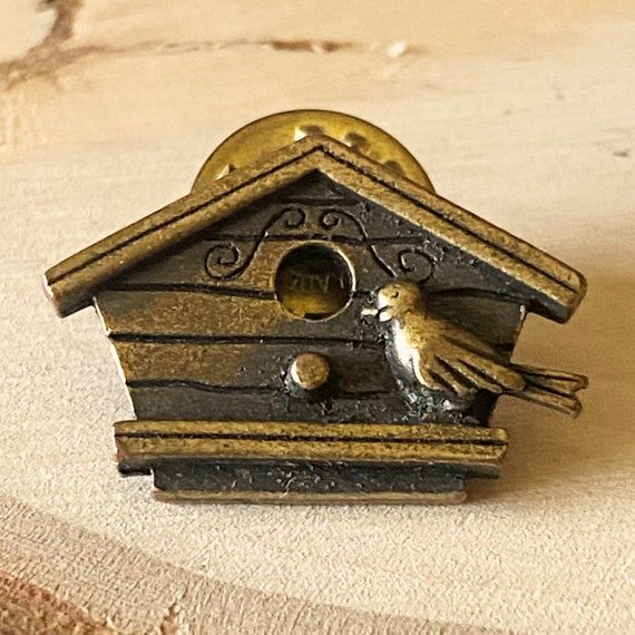 Vintage JJ Bird House Pin Tiny Brooch Gold Tone J… - image 1