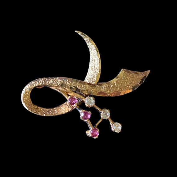 Pink Tourmaline Clear Quartz Brooch Pin Gold Tone… - image 1