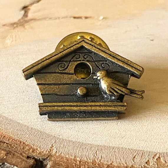 Vintage JJ Bird House Pin Tiny Brooch Gold Tone J… - image 5
