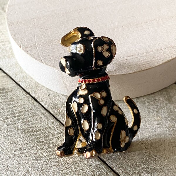 Vintage Black Dalmatian Dog Brooch Pin Enameled Gold Tone Rhinestone Eyes