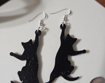 Black Cat Silhouette Earrings • Cute Hanging Cat Dangle Earrings • 3D Printed Cat Jewelry • Gift for Cat Lovers • Lightweight Statement Earr