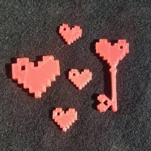 8 Bit 3D Printed Heart Charms, 3D Printed Charms, Pixelated Heart Charms or Pendants, 8Bit Hearts and Key, Pixel Heart Key 3D Printed
