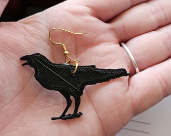 Quoth the Raven, Nevermore Earrings, Raven Earrings, Edgar Allan Poe inspiration, Halloween Earrings, 3D Printed, Black Bird Jewelry