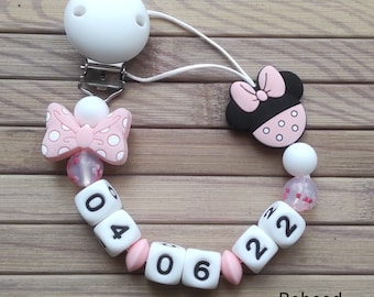 Personalized girl pacifier clip Minnie style pink first name pacifier