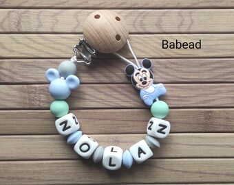 Pacifier pacifier wood silicone Mickey gray mint green sky blue personalized first name