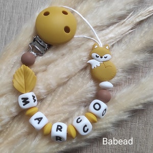 Mustard yellow fox pacifier clip personalized leaf first name