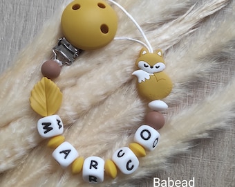 Mustard yellow fox pacifier clip personalized leaf first name