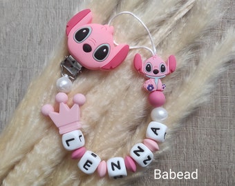 Personalized pacifier clip for girl, Stitch style lollipop, first name, pink and white
