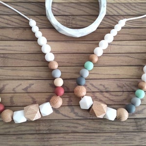 Nursing necklace carrying awakening wooden silicone mint green gray white red terracotta