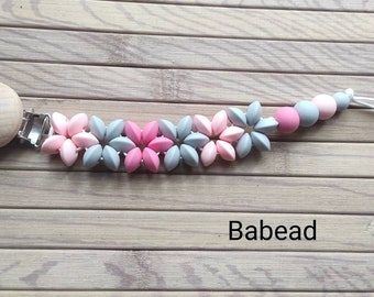 Pacifier clip / wood silicone flower / pink gray