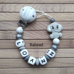 Personalized pacifier clip with first name / elephant / gray