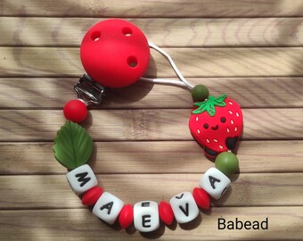 Personalized pacifier clip strawberry red green first name