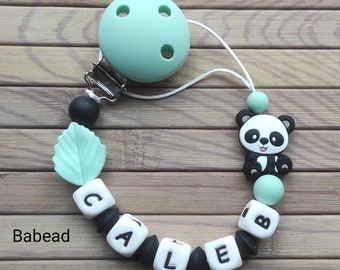 Personalized lollipop pacifier clip first name panda black mint green