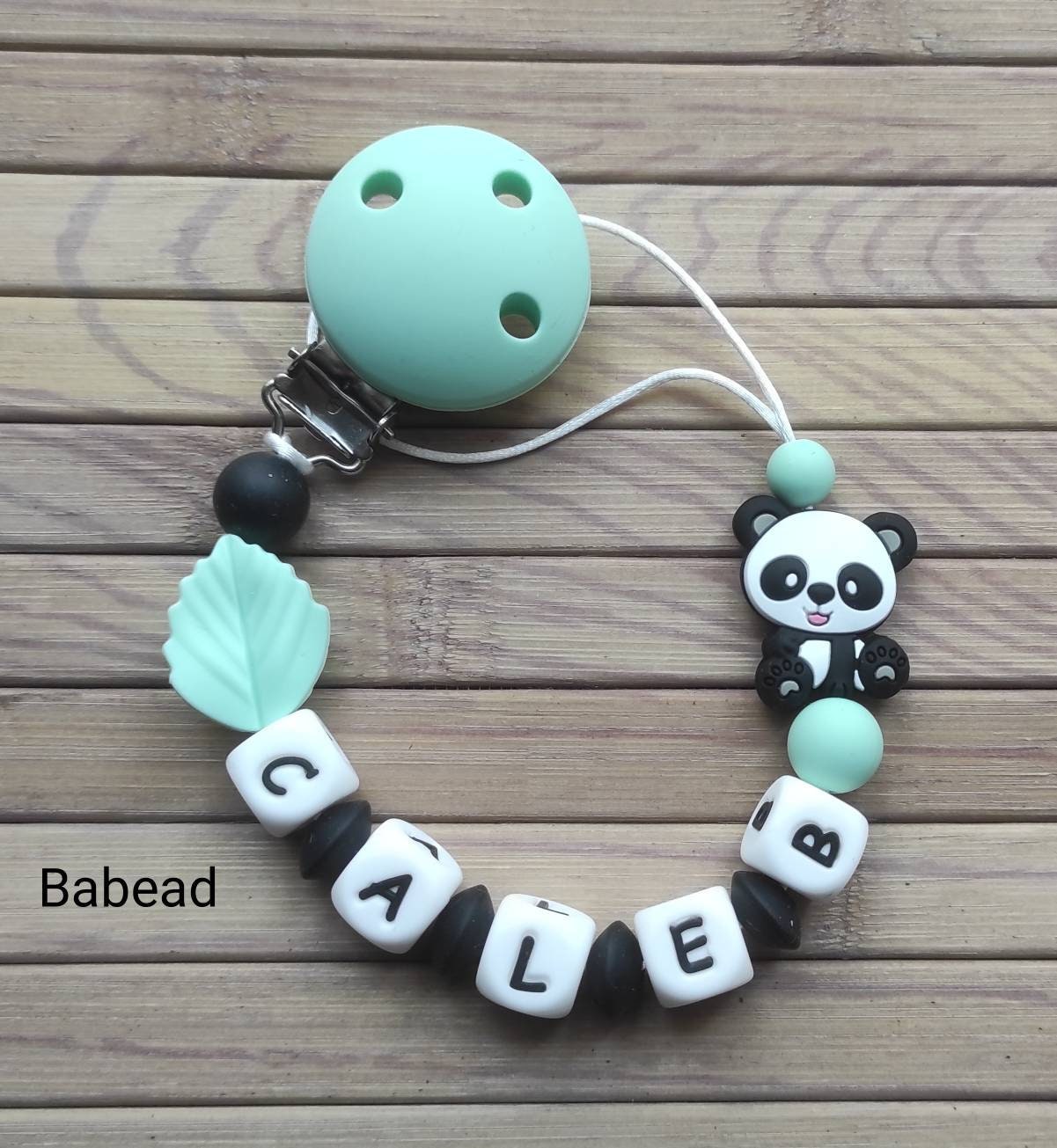 Personalized pacifier clip with name panda black mint green