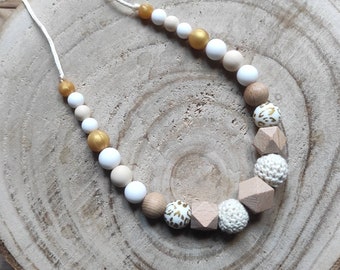 Breastfeeding and baby bottle carrying necklace, wooden silicone awakening, gold, beige and white