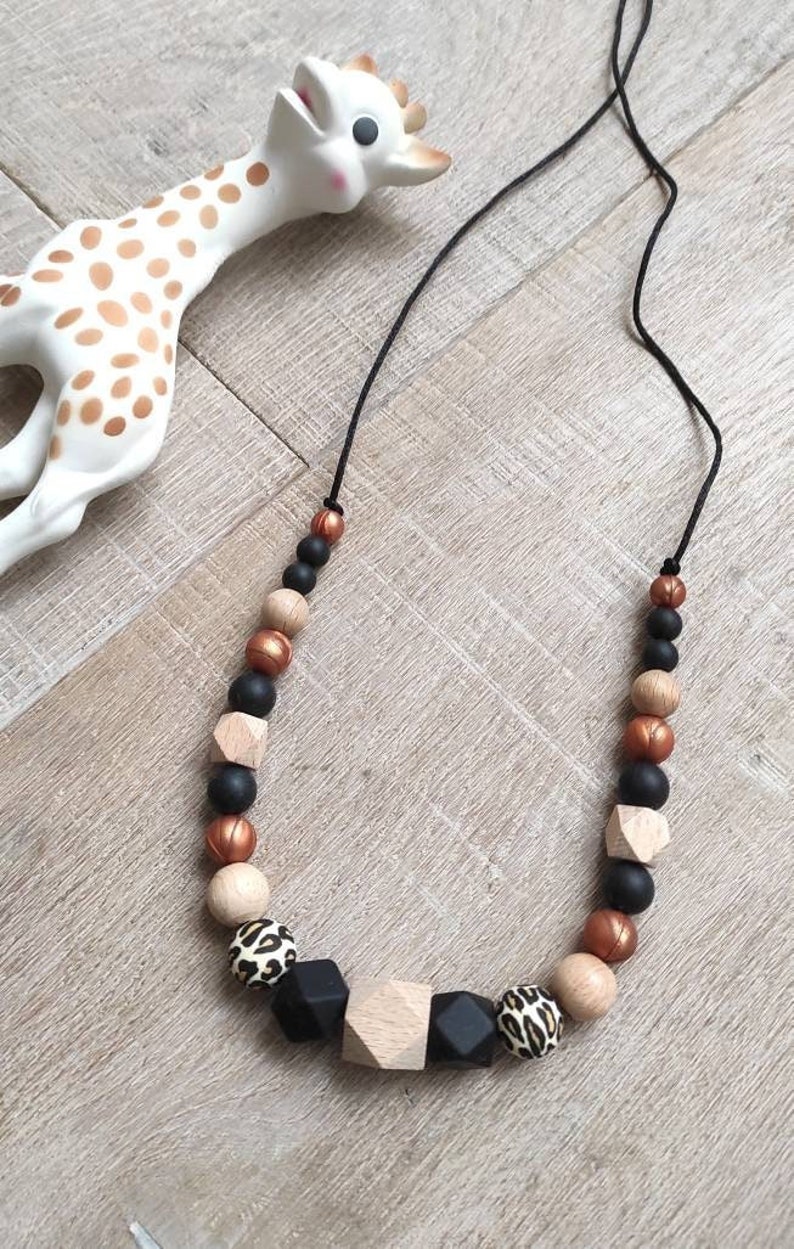 Breastfeeding and carrying necklace wood beige copper leopard black silicone awakening image 1