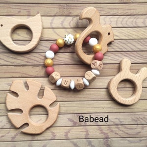 Personalized rattle ring first name animal terracotta gold white