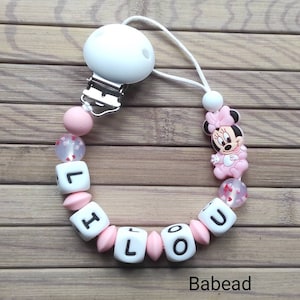 Personalized girl pacifier clip Minnie style pink first name pacifier